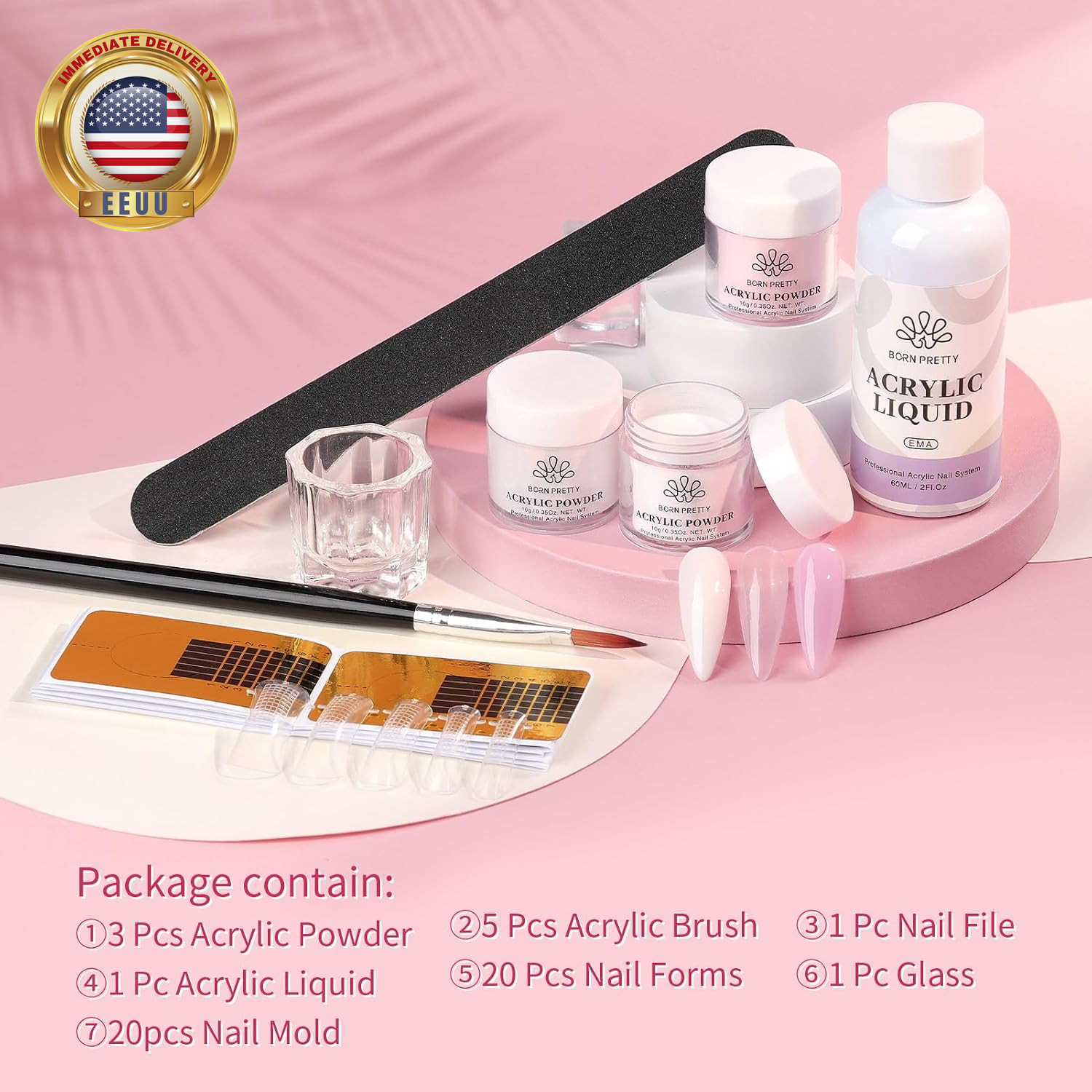 Acrylic Nail Kit – Acrylic Powder (Clear, White, Pink) & Liquid Set with Nail Fo