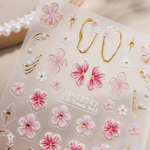 5D Embossed Flowers Nail Art Stickers, 5PCS Self-Adhesive White Colorful-06