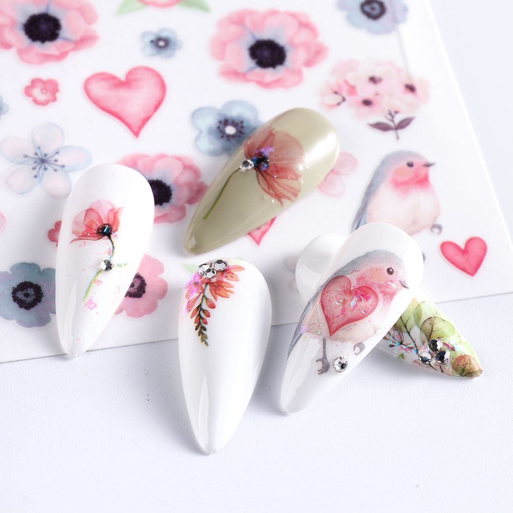 Pink Flower Bloom Branches Nail Stickers Rose Daisy Blue Lily Bird Butterfly