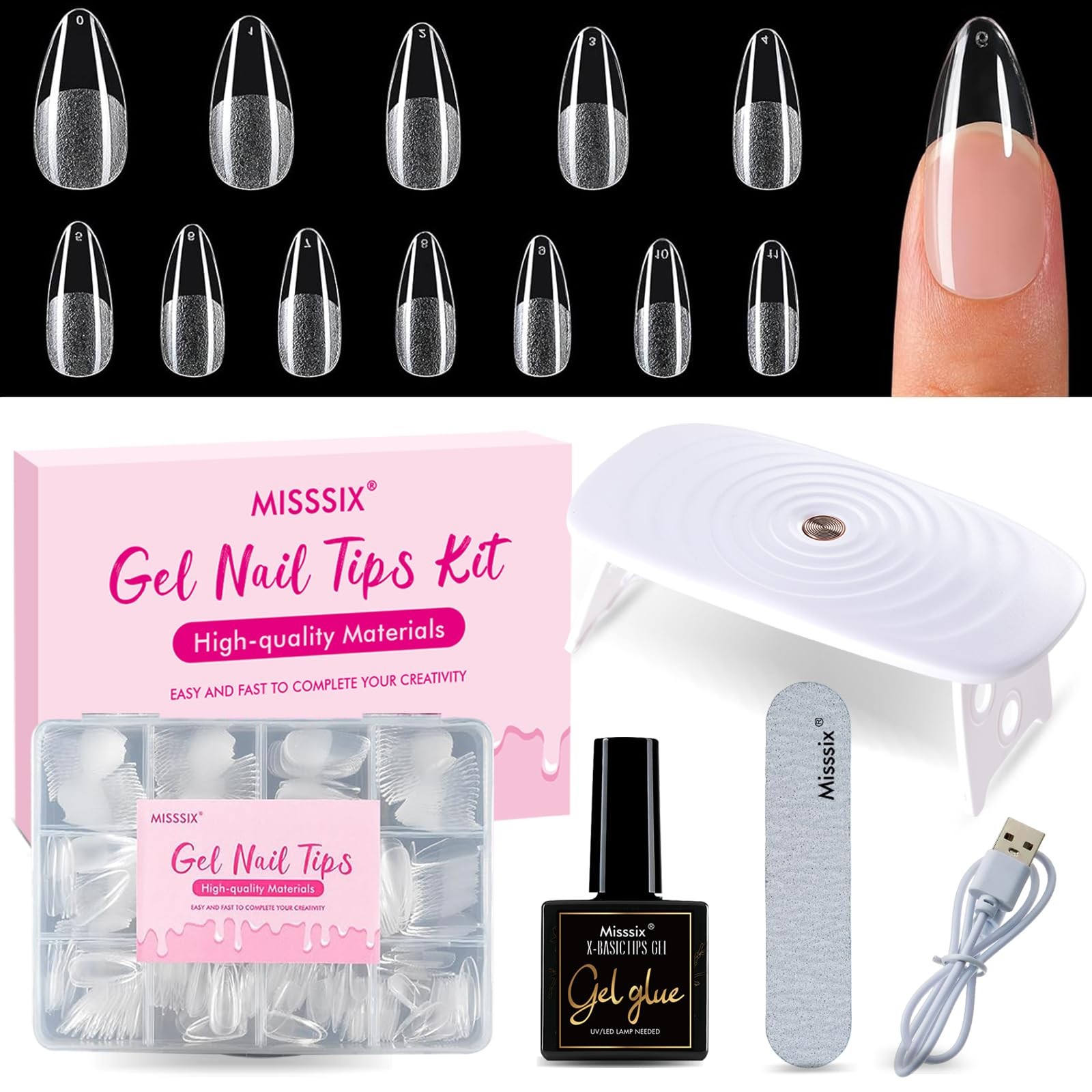 Medium Almond Gel Nail Tips Kit, 360Pcs Pre Etched Clear gel x Fake Nails, Fu…