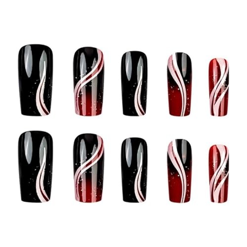 Coffin Press on Nails Medium Length Fake Nails Black Red Gradient Style 21
