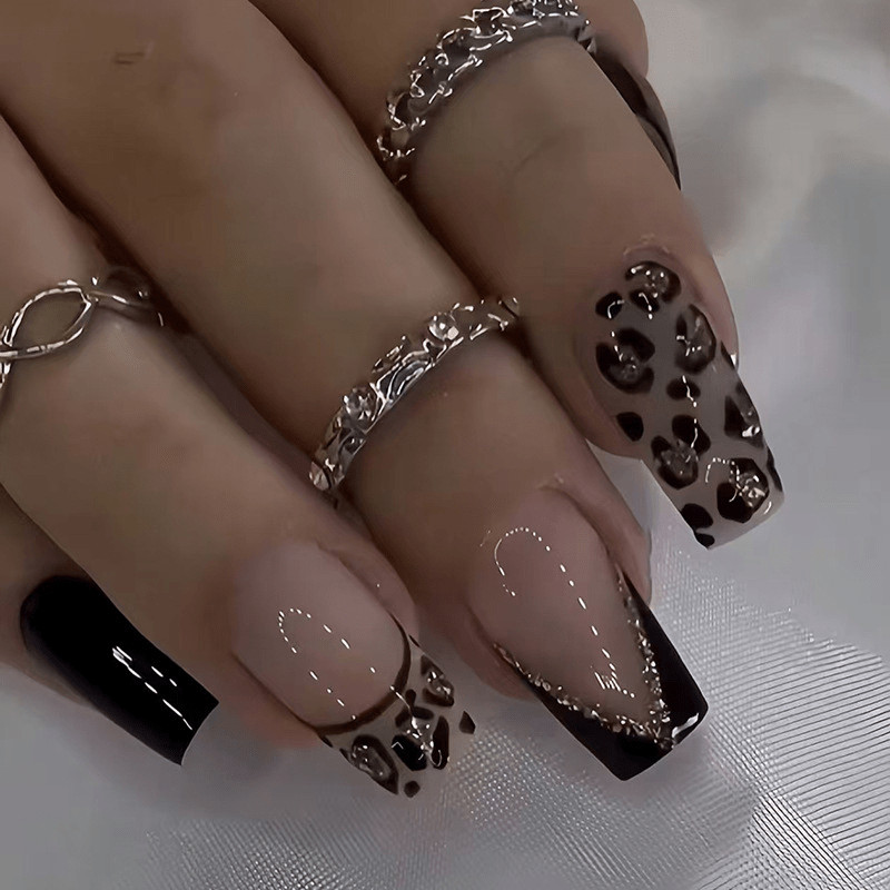 48 Pcs Leopard Gold French Almond Press on Nails, Cool Trendy Nude Fake Nails
