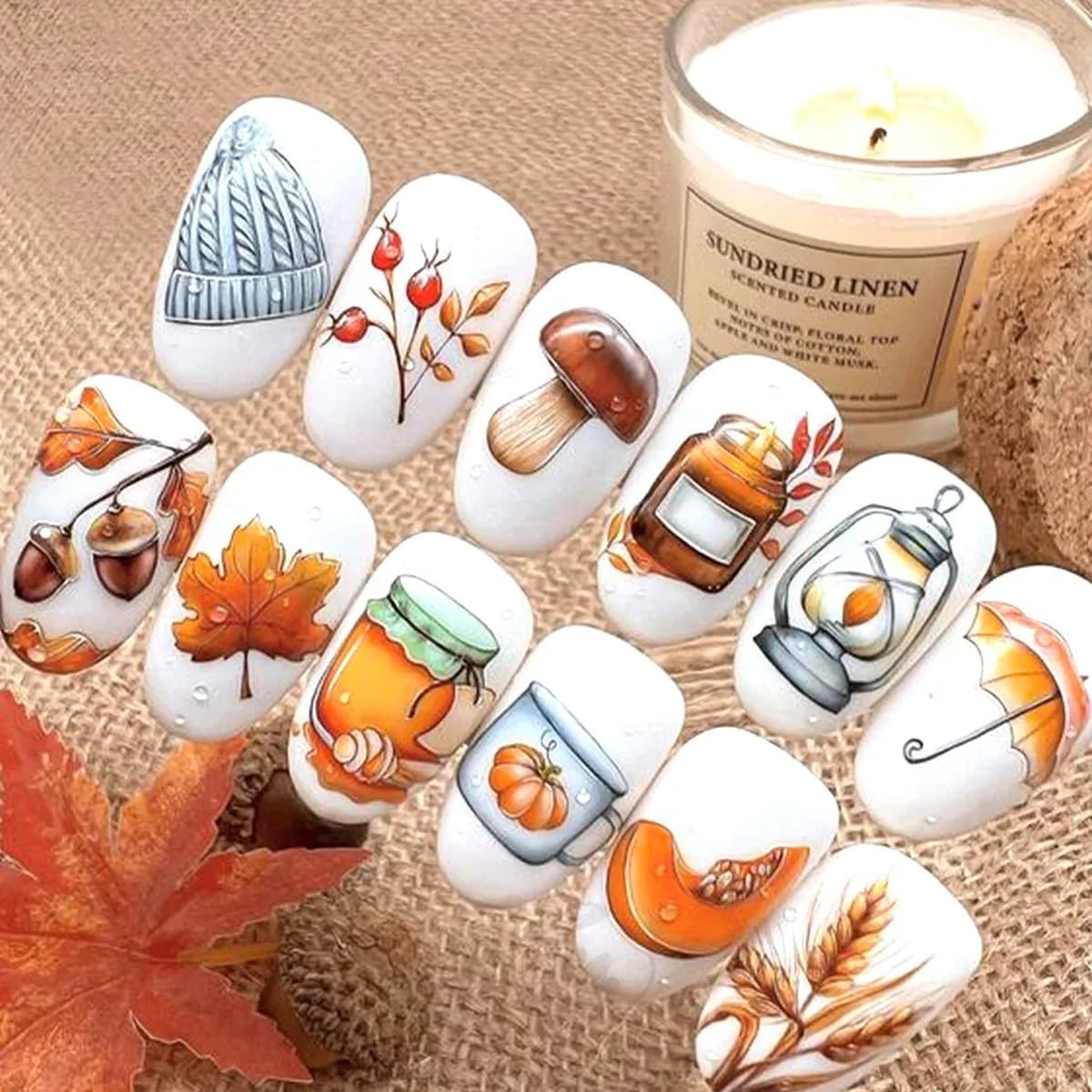 12Pcs Maple Leaf Nail Stickers Fall Nail Art Water Decals Chili Sunflower Pum…