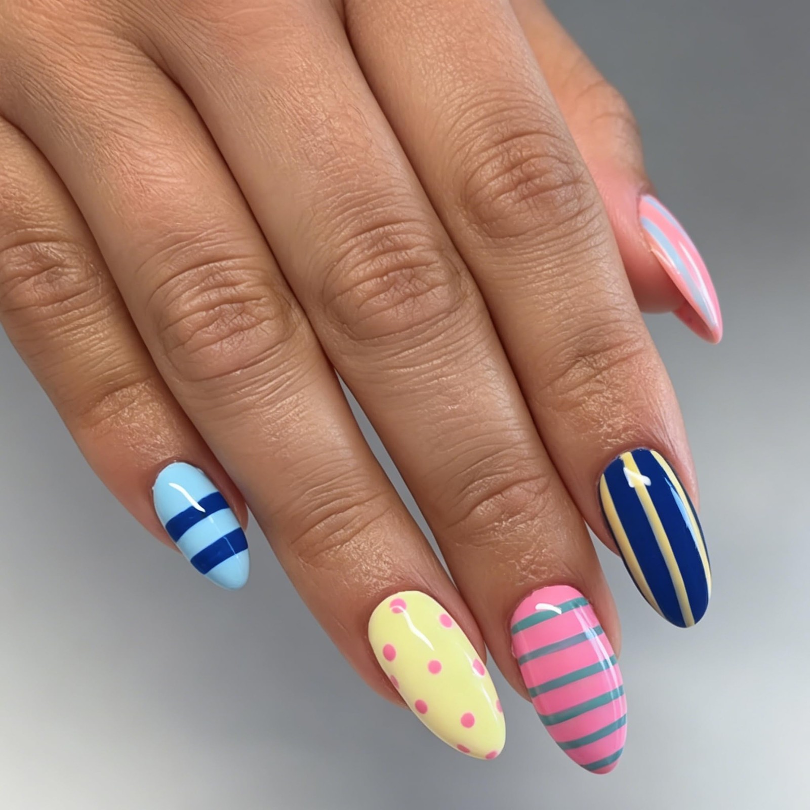 Tephrent Medium Almond Press On Nails Polka Dot Stripe