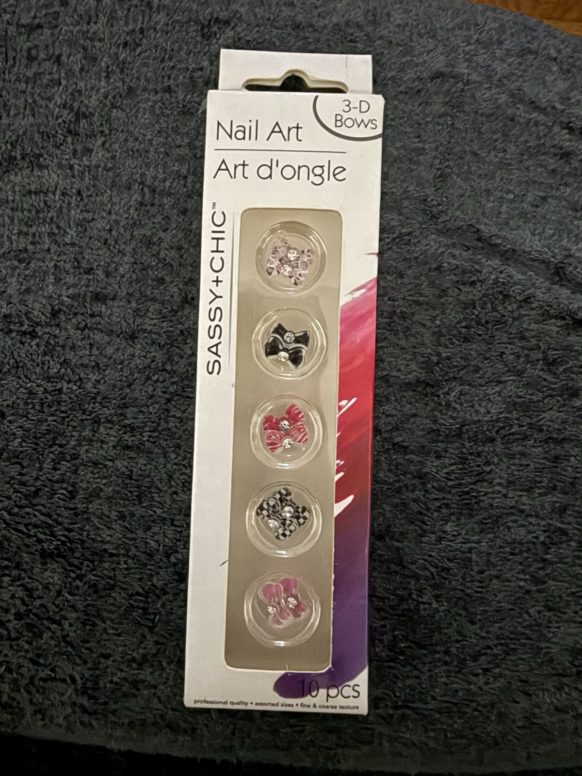SASSY + CHIC Nail Art 3-D Bows 10 Pieces NEW Pink Black Jewels SEALED PACKAGE