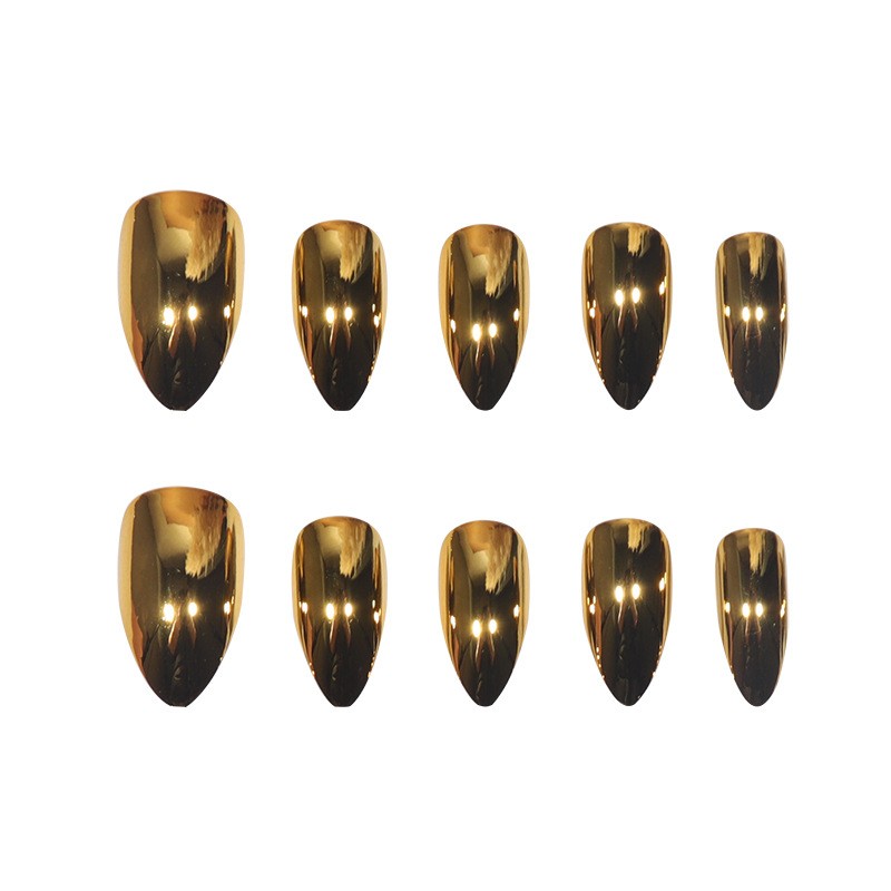 48Pcs-Metallic Gold Chrome Press on Nails Glossy Long Almond Nail Art Set
