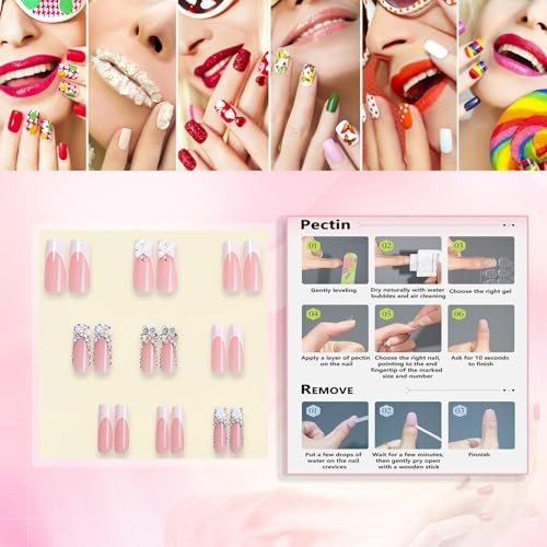 Long Square Press on Nails xxl French Tip Nails Press Ons Butterfly pattern 011