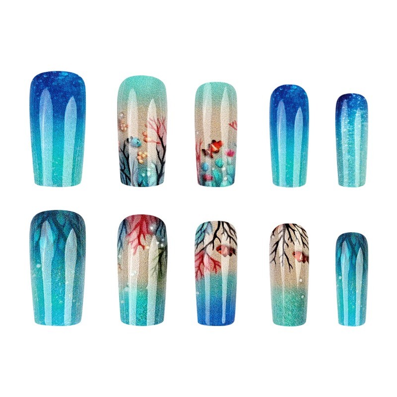 48pcs-Underwater Press on Nails, Blue Ombre with Coral, Fish and Glitter Accents