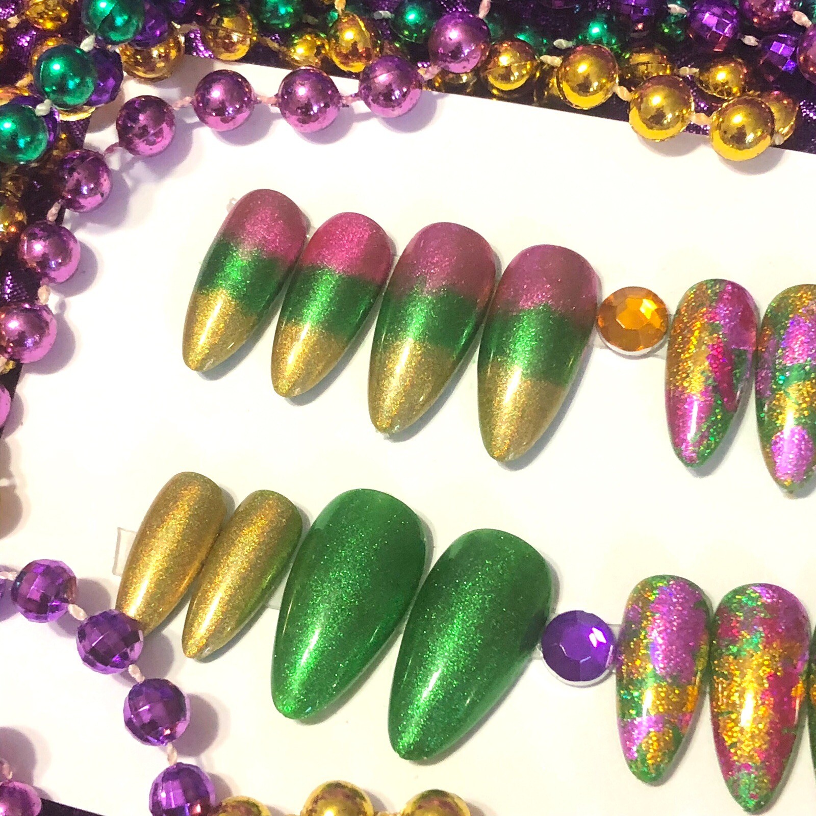 Handmade Custom Press On Nails Almond Shape Medium Length Mardi Gras Nails