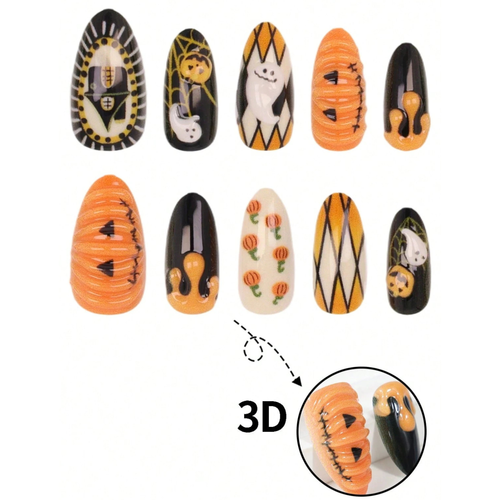 10pcs Halloween Press On Nails For Women & Girls 3D Nail Extenders Haloween Gift