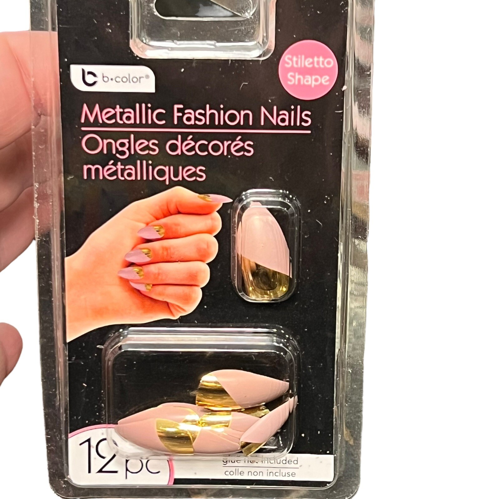 b color Metallic Fashion Nails Stiletto Shape NEW Pack Gold/Pink