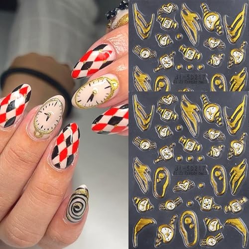 2Sheets Vintage Watch Nail Art Stickers 5D Embossed Gold 5D Gold Irregular 14