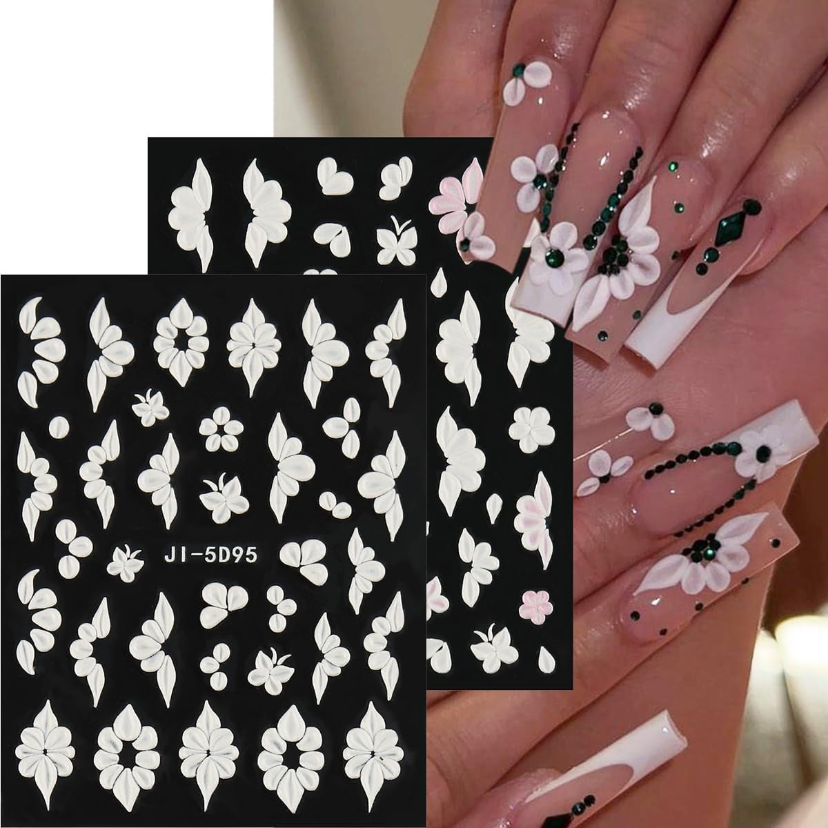 5D Embossed White Flowers Nail Stickers, 5 Sheets Self-Adhesive Floral Nail Deca