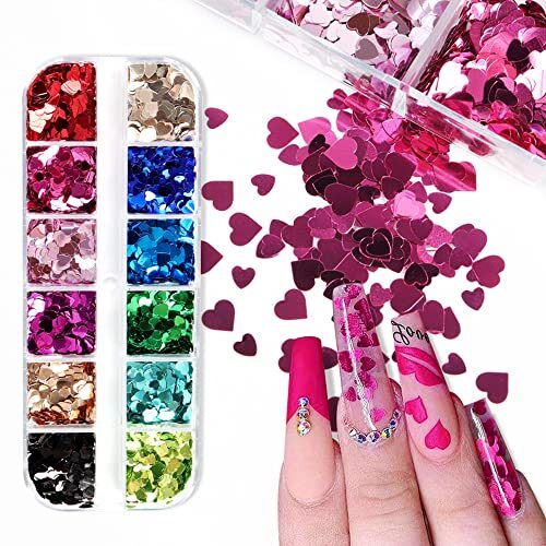 Heart Glitter Sequins for Valentine’s Day Nail Art,12 Colors 3D Holographic