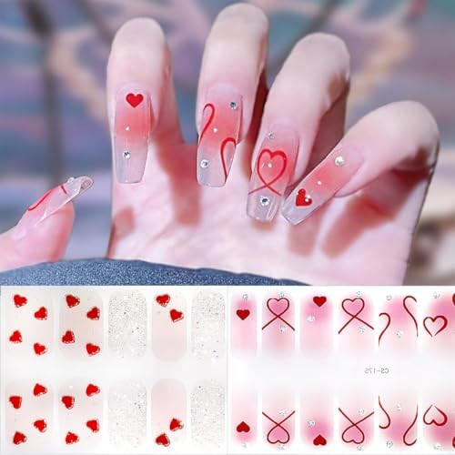 6 Sheets Valentine’s Day Nail Wraps Stickers 3D Red Heart Nail Polish Strips