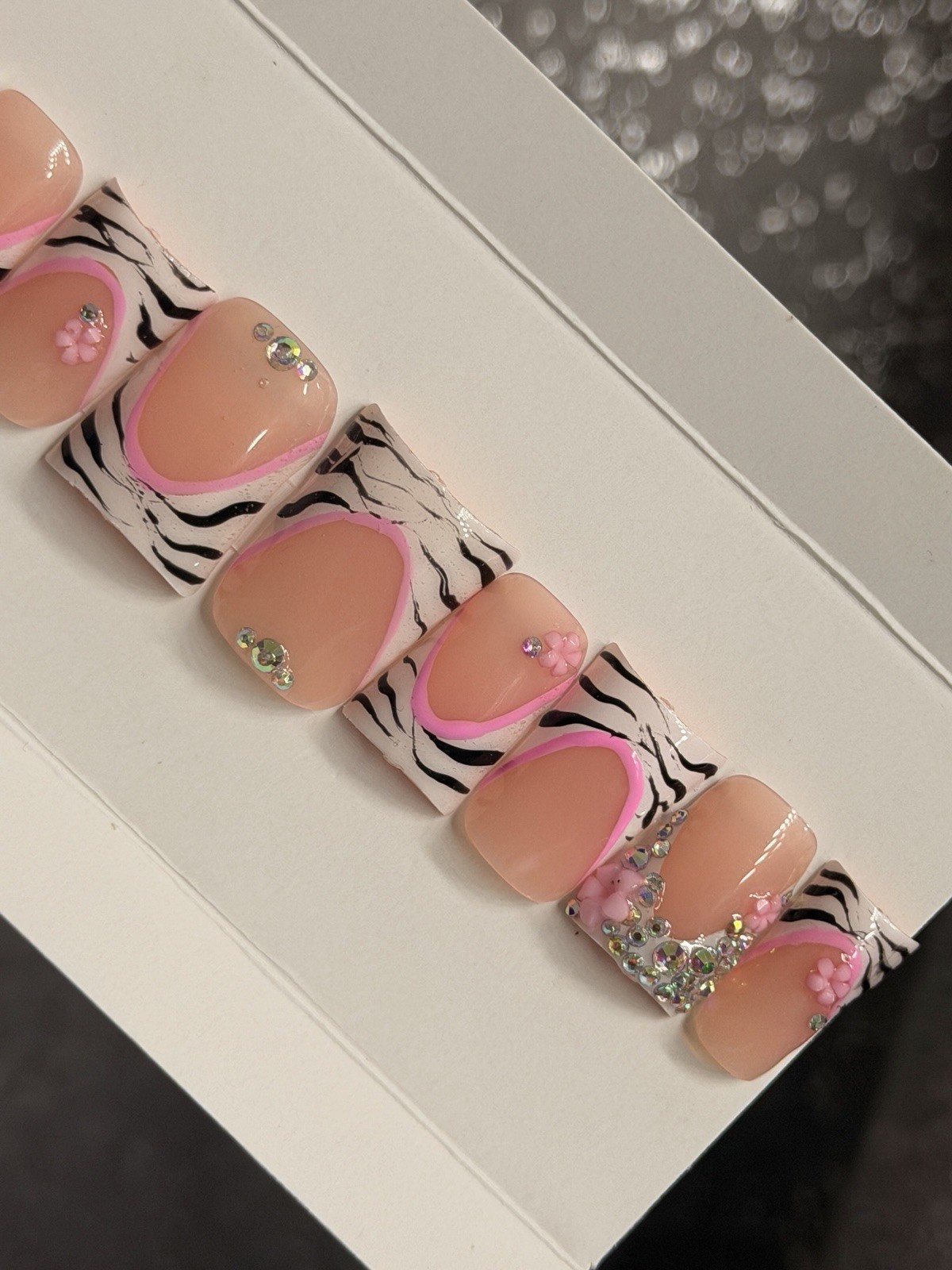 🎀 CUSTOM Hard Gel Press On False Nails French ZEBRA 10p Set SHORT DUCK W Kit