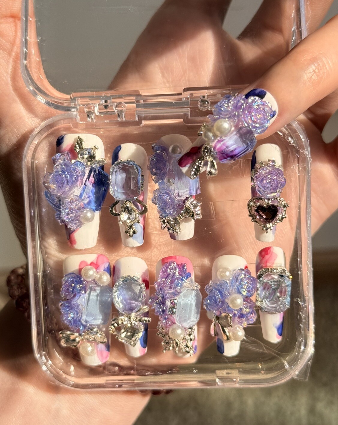 10pcs Handmade Rose Fake Nail Press On/Glue On Nails Size M(Read Description)