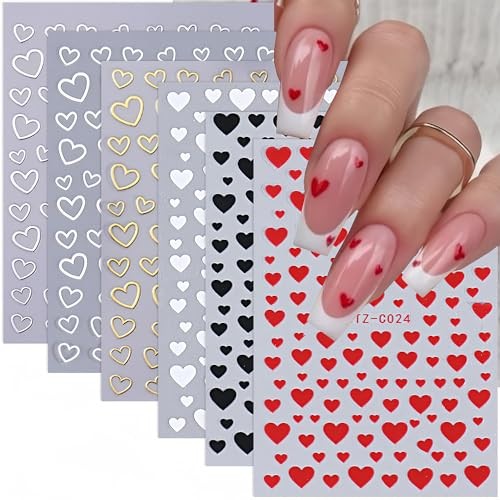 Heart Nail Stickers – 6 Sheets Love Nail Decals 3D Self-Adhesive Red, Black,