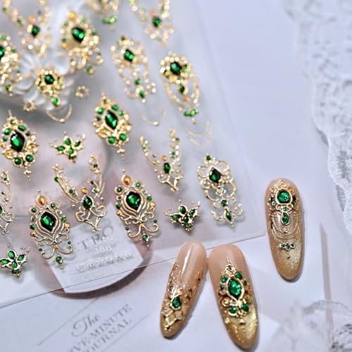 Gold Nail Art Stickers 5D Embossed Green Gem Nail Stickers Luxury Self Style-31
