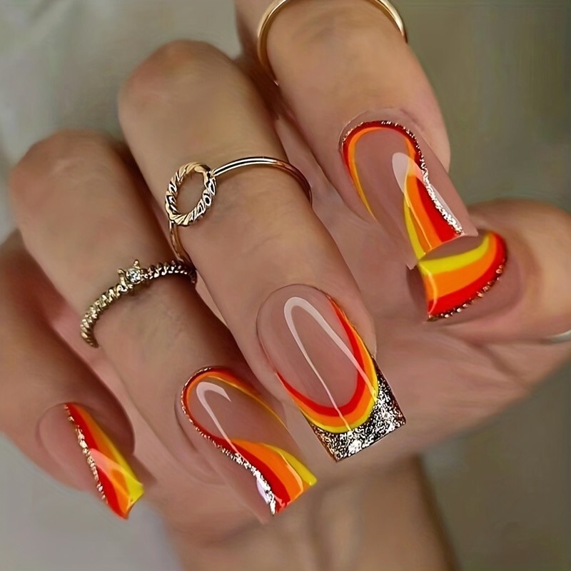 24pcs Vibrant Pumpkin Orange Glossy Square Press-On Nails – Silvery Glitter Stri