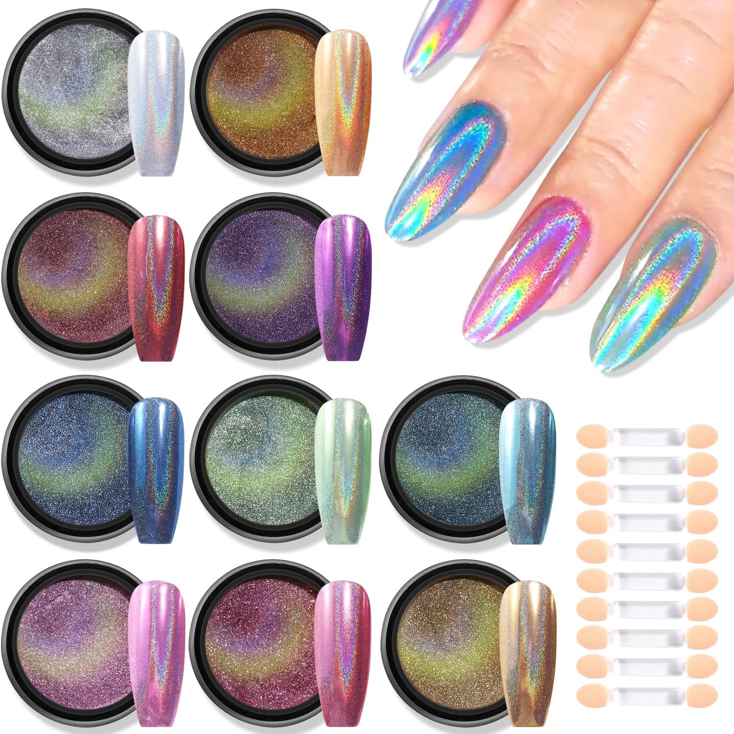 Furtherpretty Holographic Chrome Nail Powder, 10 Colors Metallic Mirror Effec…