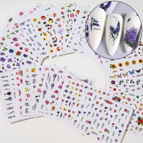 30 Sheets Flowers Nail Art Stickers Colorful Floral Butterfly Nail Style8