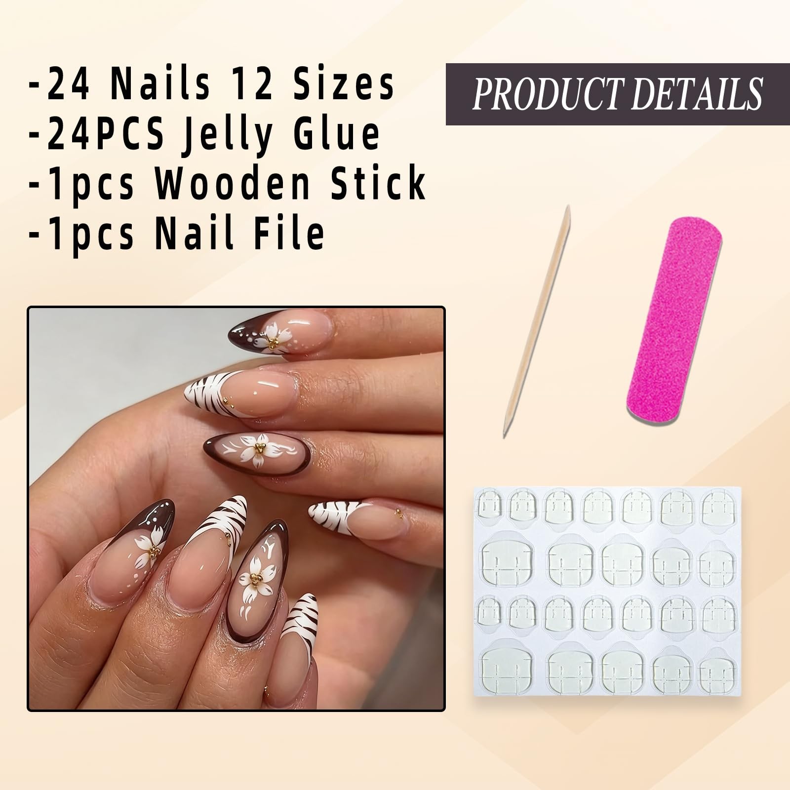 Zebra Print Press on Nails Medium Almond Fake Nails with Gold Bead Designs Fa…