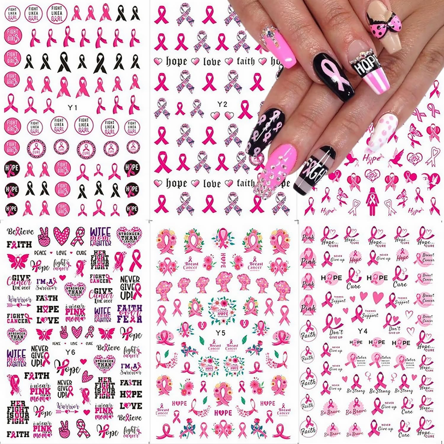 6 Sheets Breast Cancer Nail Art Stickers – 3D Self-Adhesive Heart Letter Nail