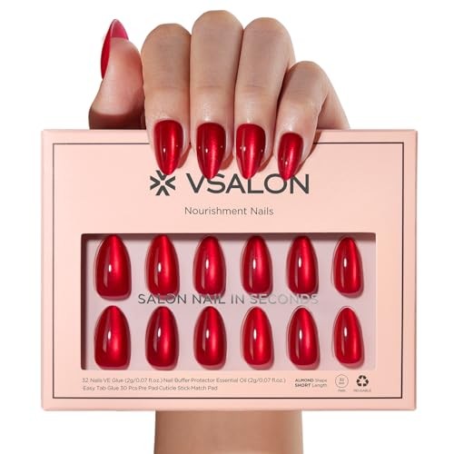 Short Almond Press on Nails – Red Cat Eye Glossy Fake Nails, A2-Pulse red