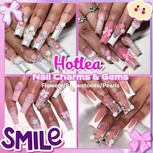 3D Flower Nail Charms Bulk Pink and White 3D Flowers and Bows Nail Charms Set C