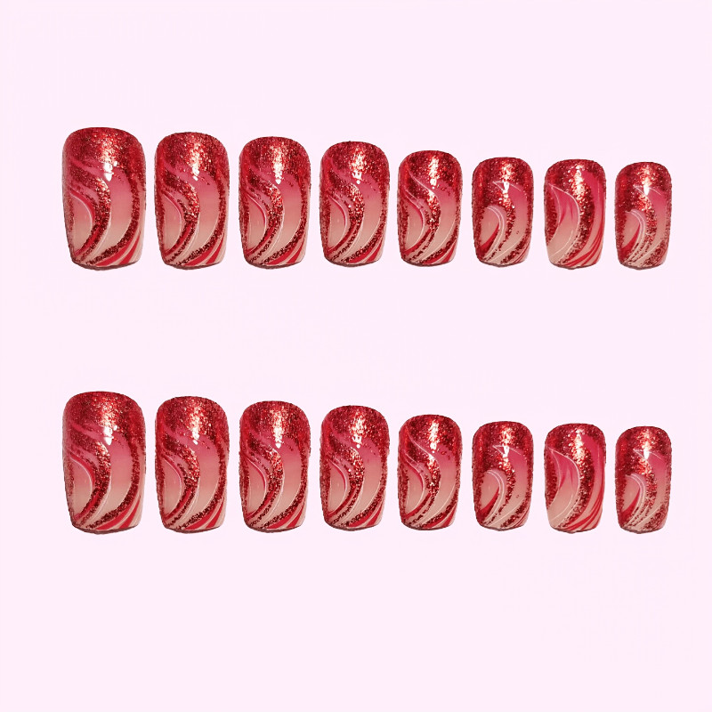 48Pcs Coffin Pink Glitter Press on Nails Swirl Wave Design Party Wear