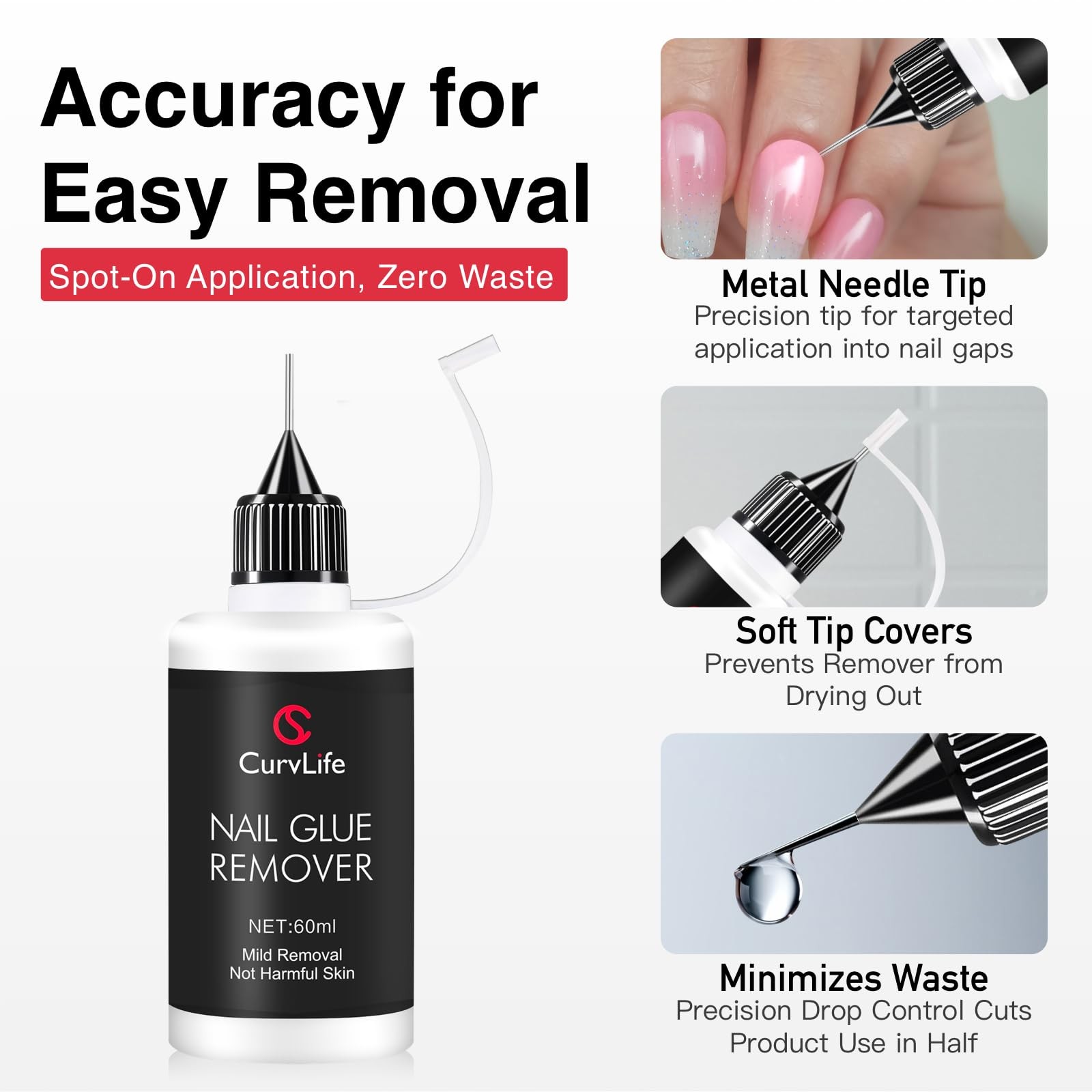 Curvlife Pinpoint Nail Glue Remover for Press on, 60ml 2 Fl Oz (Pack of 1)