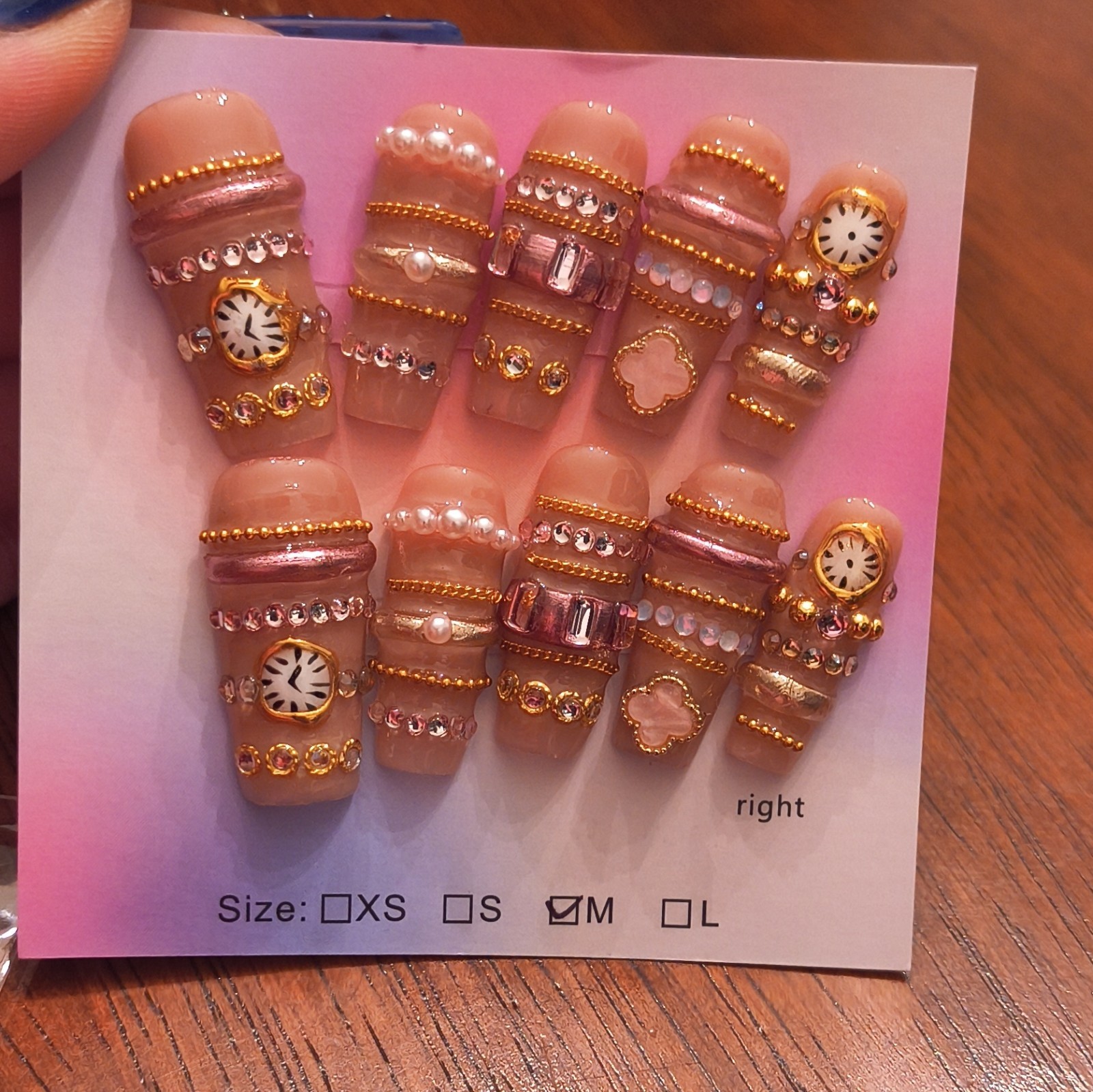 Press-On Nails Medium Square Nude Gold Pink 3D Clock Full Cover Pre-Designed Med