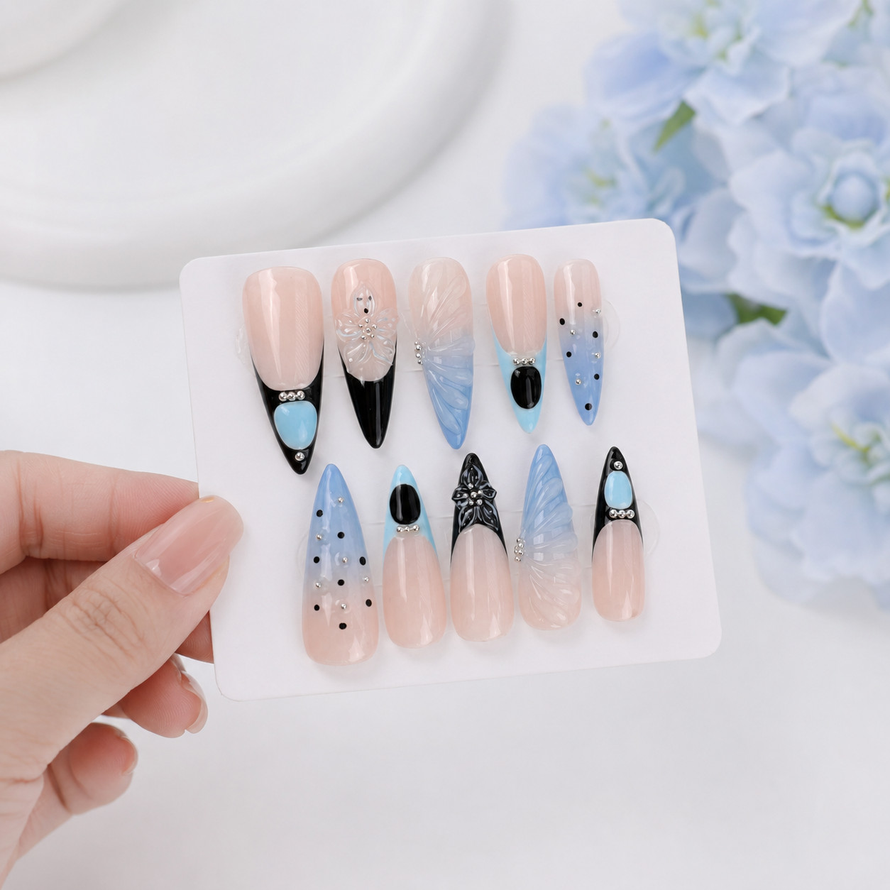 Long Stiletto Press On Nails Blue Black French Tip Butterfly Rhinestone Nail Set