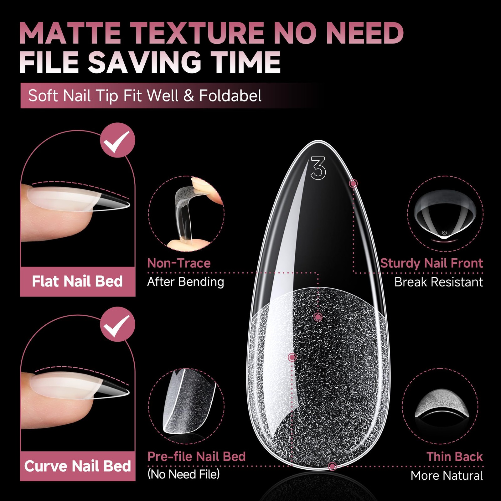 UNA GELLA Medium Almond Gel Nail Tips Half Matte 312 Count (Pack of 1), Clear