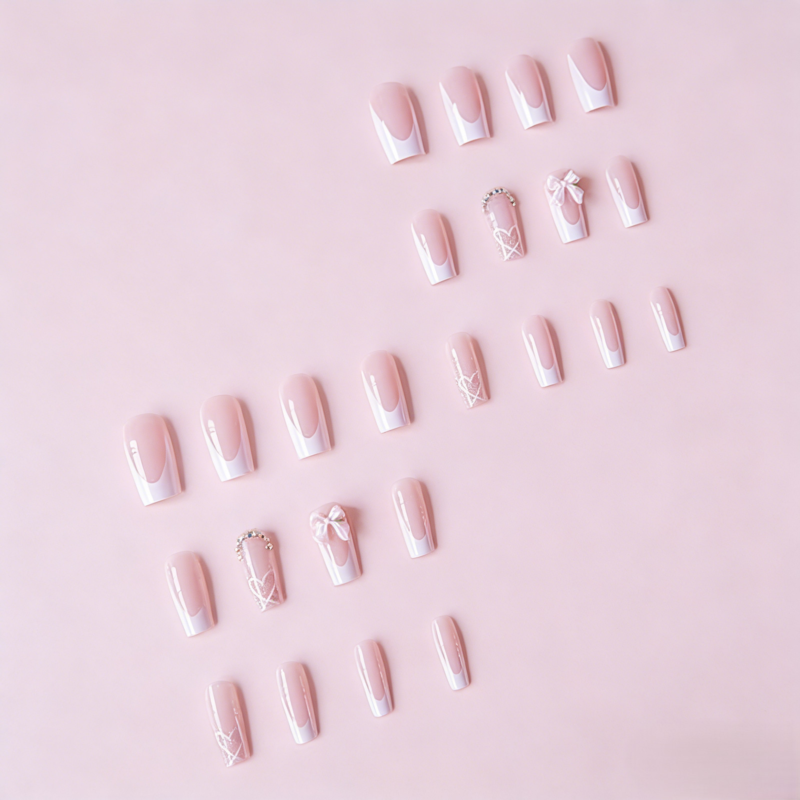 Square Pink White French Tip| Bow Heart Rhinestone Cute False Nails