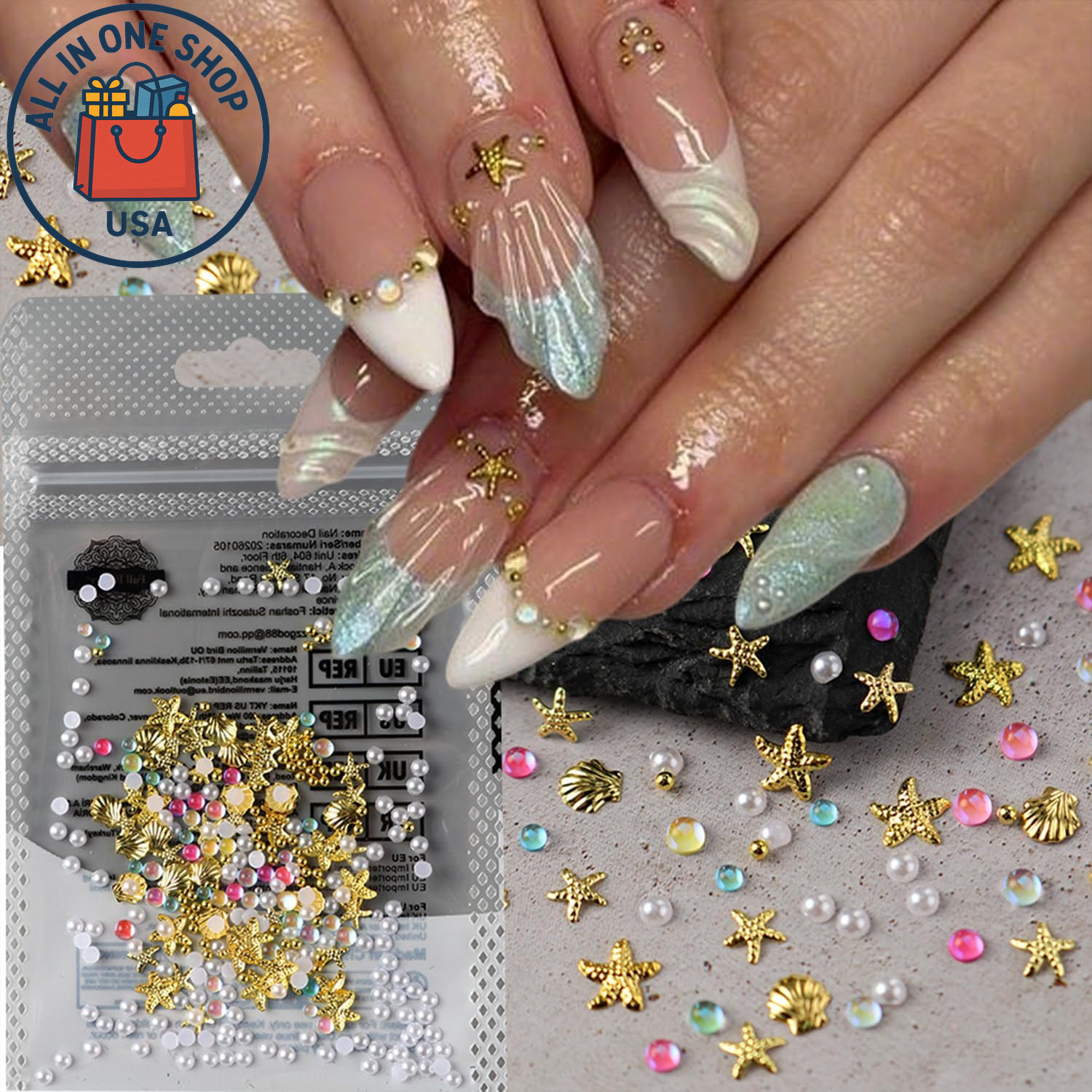 Summer Ocean Nail Art Charms – 3D Gold Starfish & Shell with Pearls