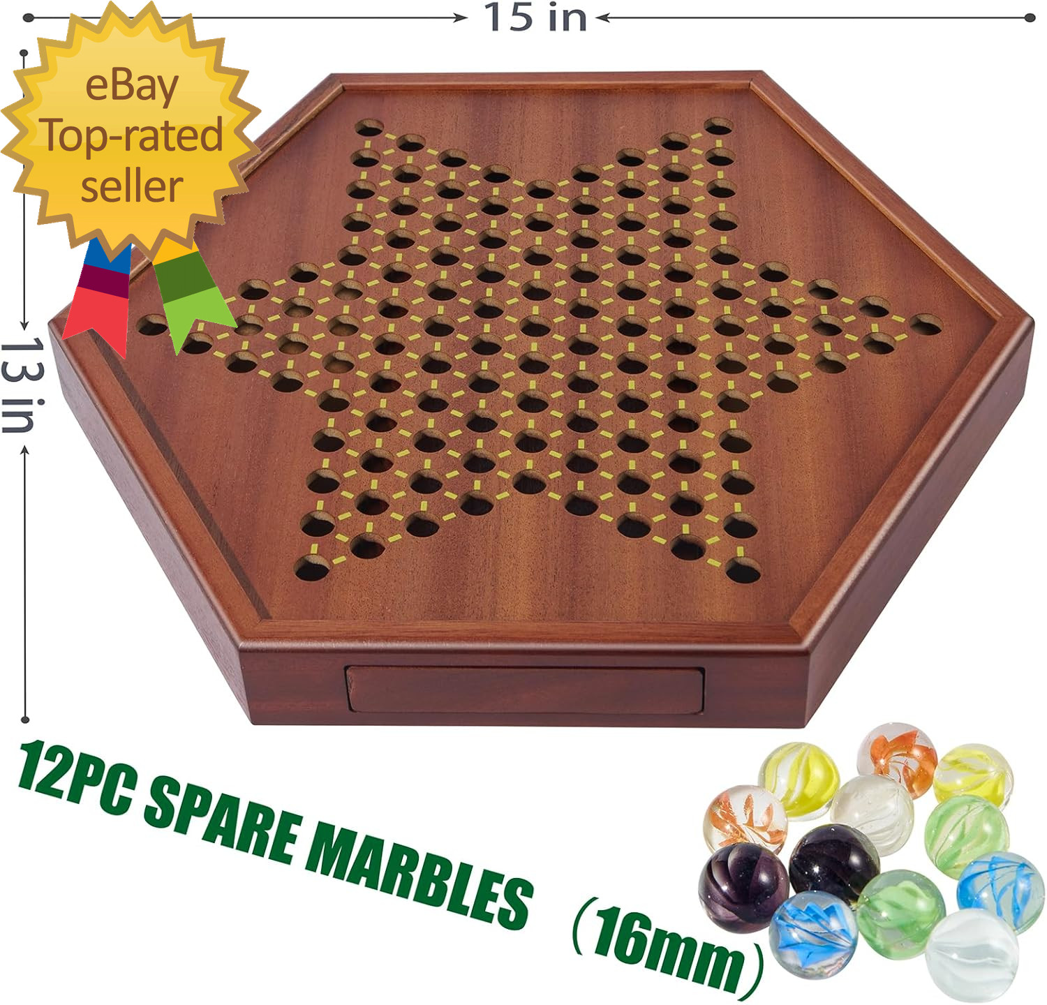 Chinese Checkers 15″ Large Upgraded Version Wooden Game Board 16Mm 60 Colorful