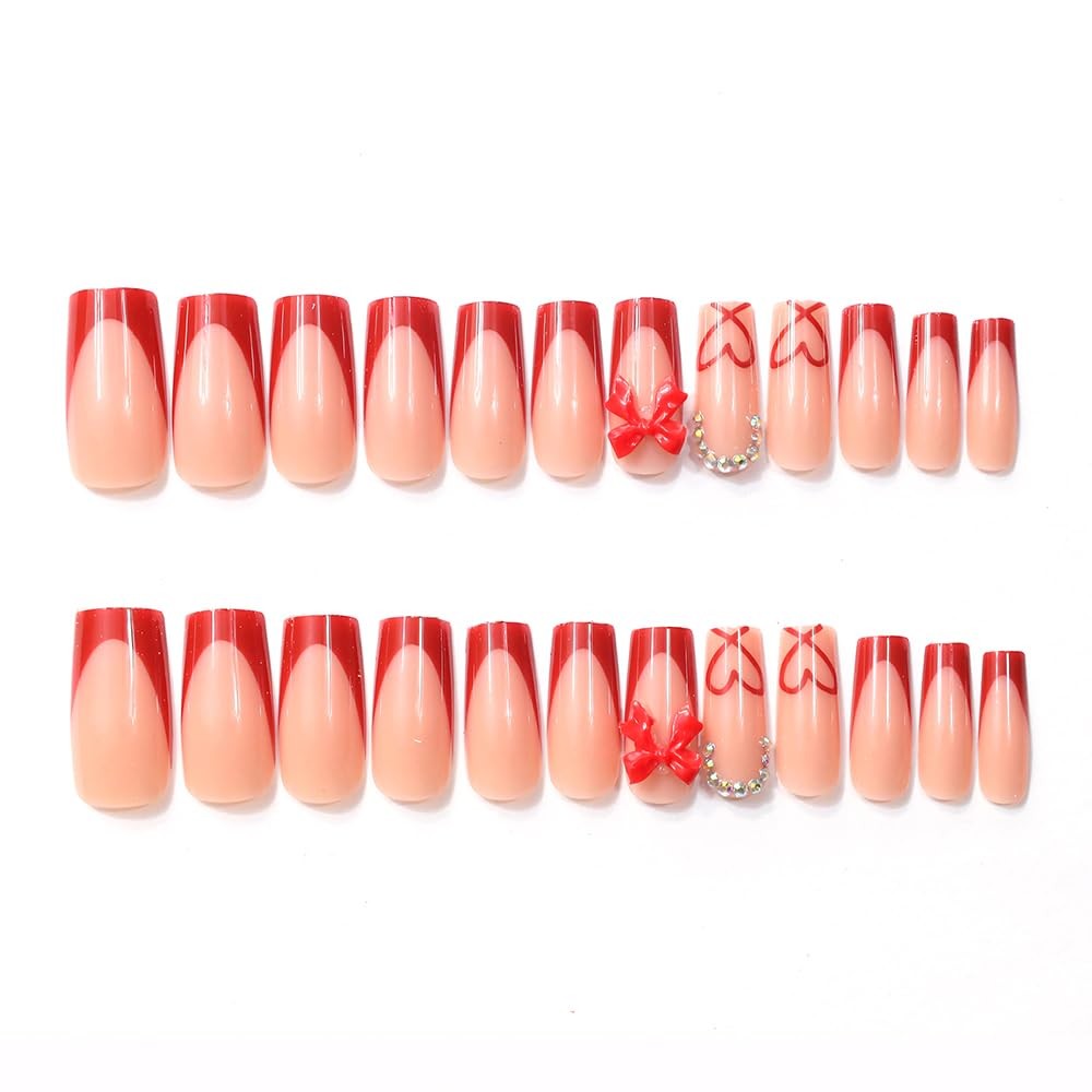 24PCS French Tip Acrylic Press on Nails for Girls, Square 3D Pink Bow Fake St…