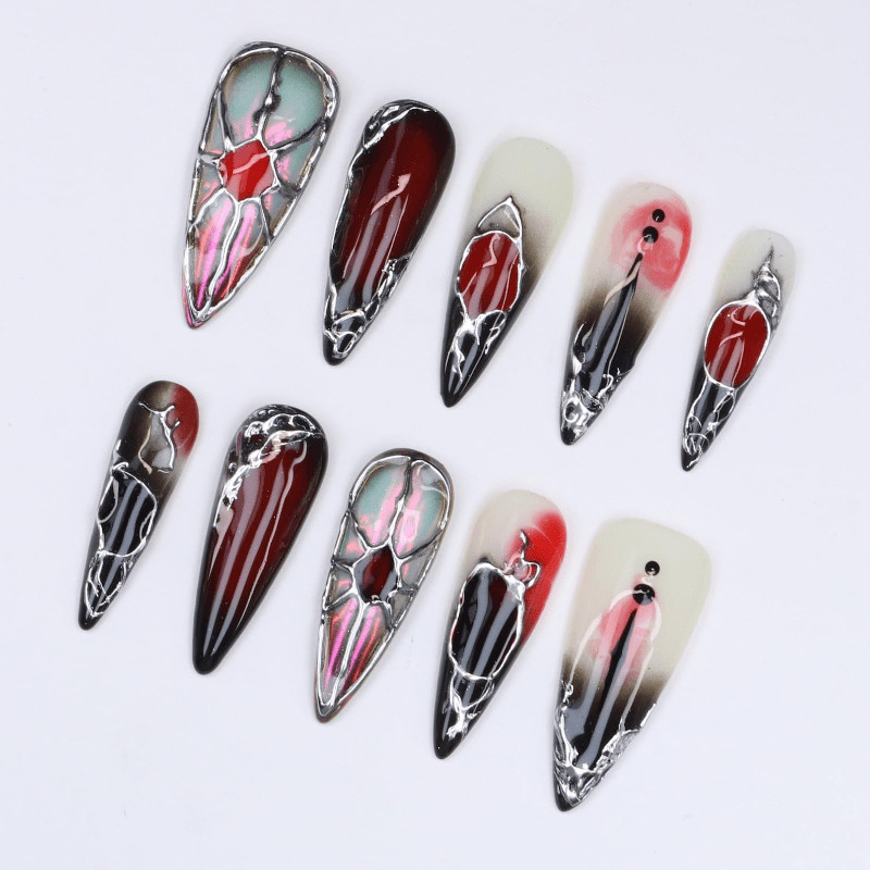 Dark Red Metal Handmade Press on Nails Silver Wire Gradient Gothic Fake Nails