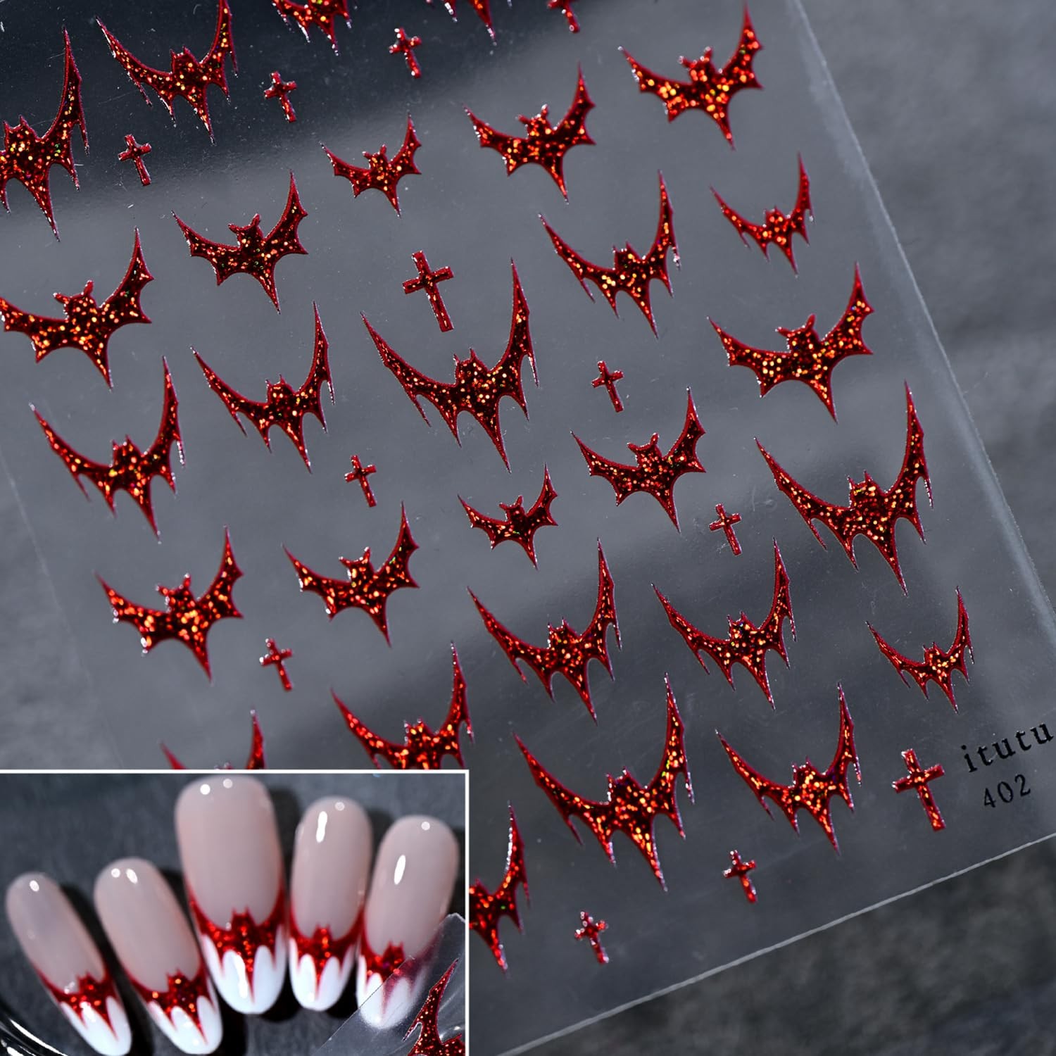 1 Sheets Red Bat Nail Decals for Nail Art 5D Halloween Nail Bat Stickers-3