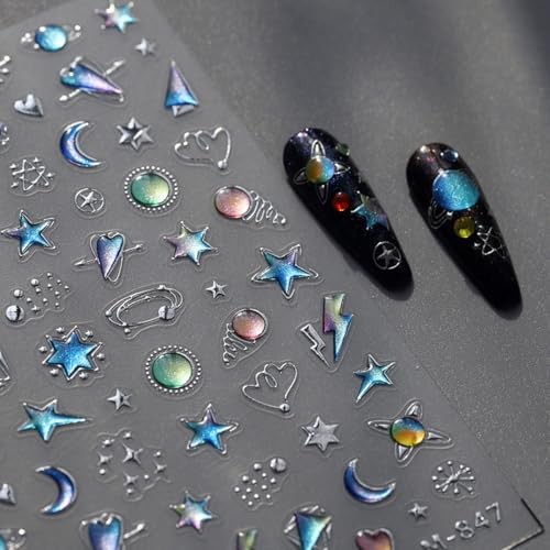 Star Nail Stickers for Nail Art 5D Embossed Blue Nail Art Stickers Aurora Star
