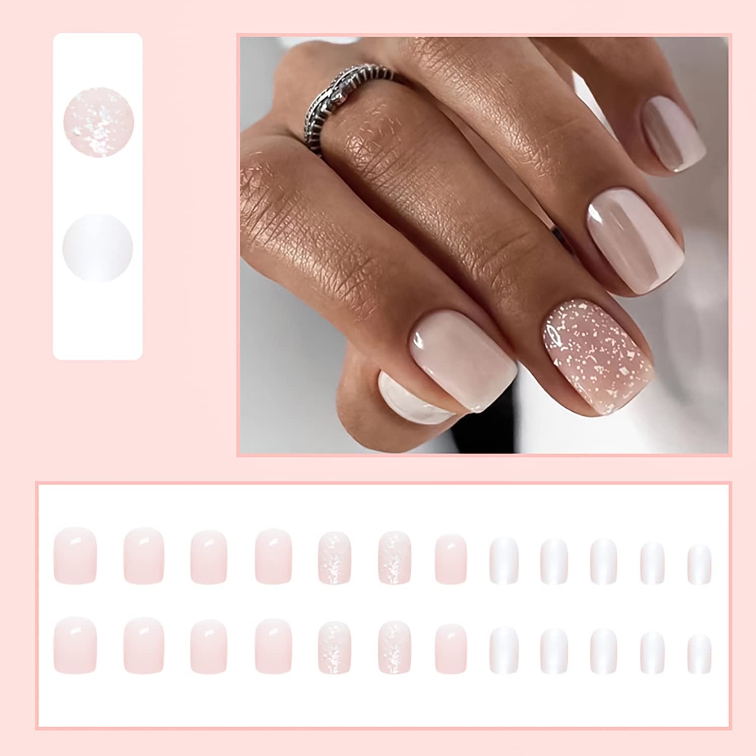 RIICFDD Short Square Press on Nails Glitter Nude Pink Fake Nails | Extra Short N