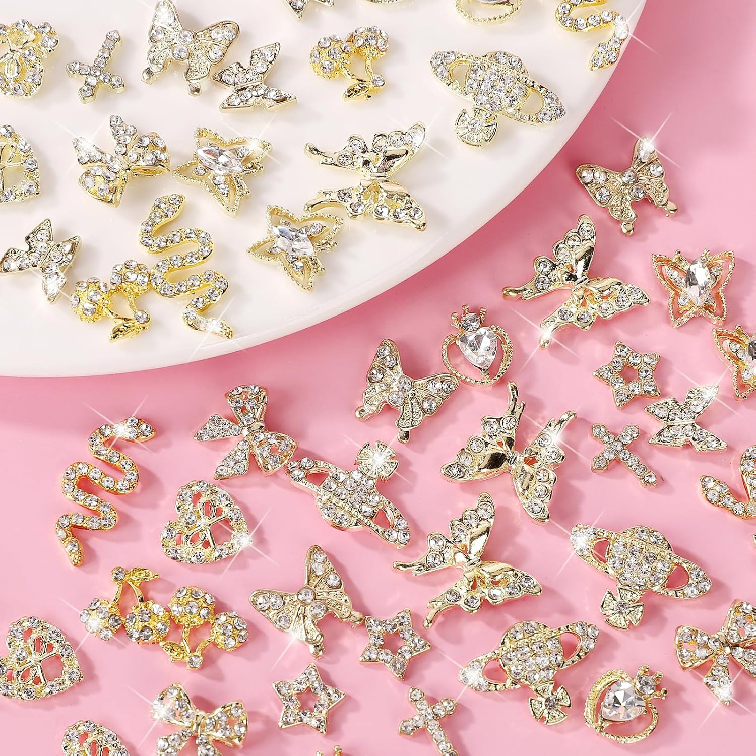 24PCS Nail Charms Y2K Alloy Nail Art Rhinestone Charms 3D Heart Bow Butterfly Ch