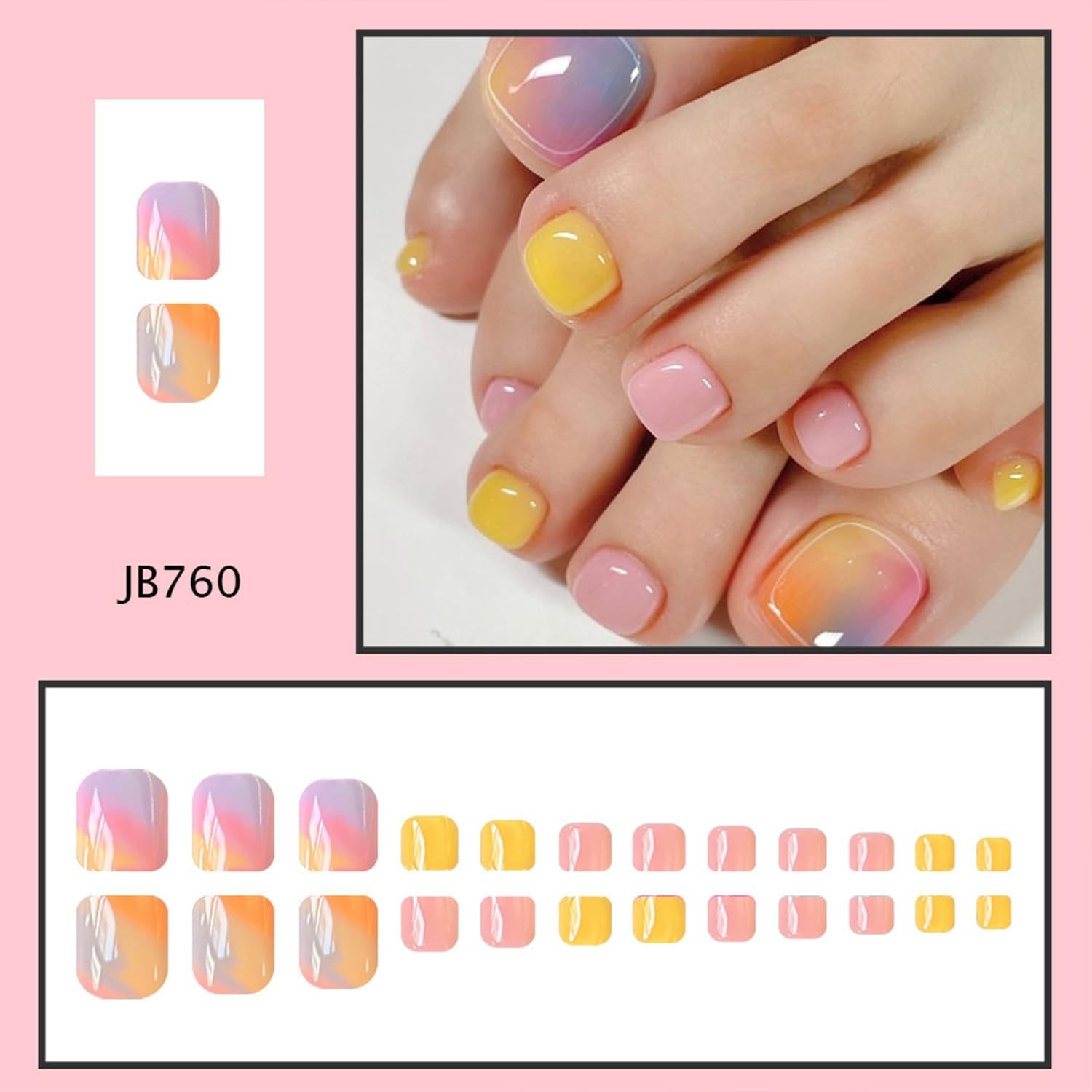Multicolor Glossy Gradient Press-On Toenails Set – 24 Pcs Full Coverage
