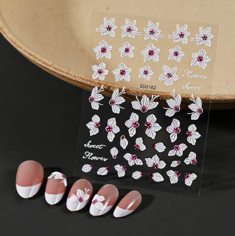 5D Embossed White Tulip Camellia Flower Leaf Nail Stickers Manicure Slider NS53