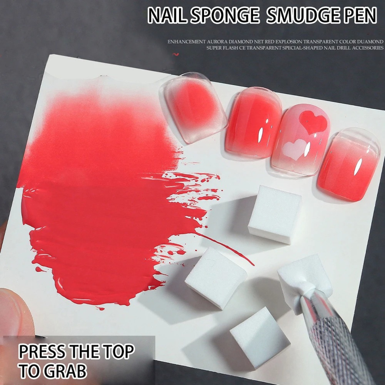 100Pcs Soft Nail Art Sponges W/Grabbing Pen Ombre Nail Brush for Nail Art Design