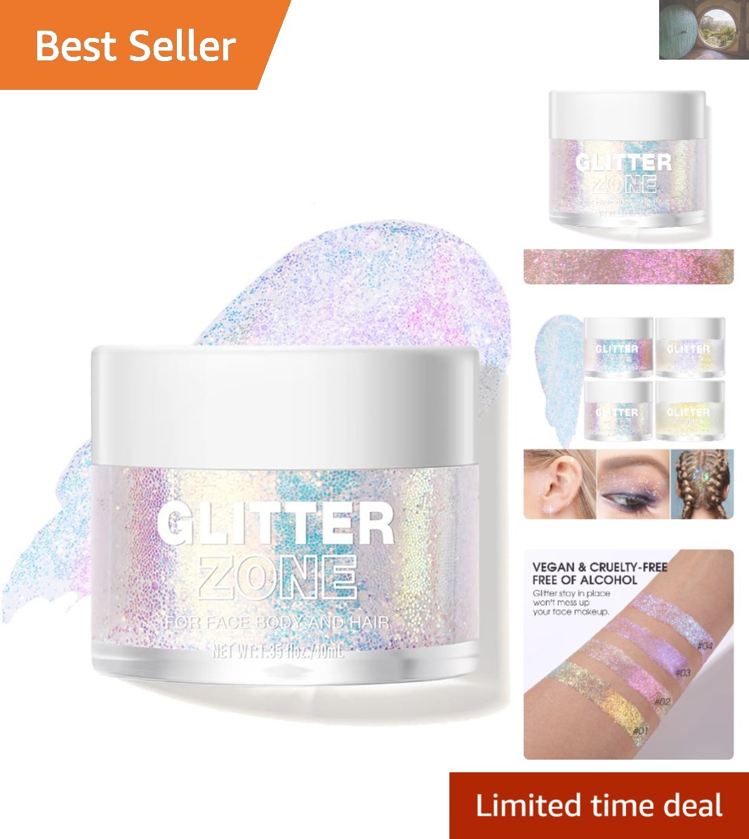 & Cruelty-Free Holographic Glitter Gel for Hair, Face & Body – 1.35 oz