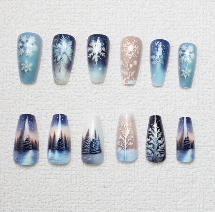 24pcs Christmas Winter Wonderland Nail Tips Boxed With Glue & Tabs Nails