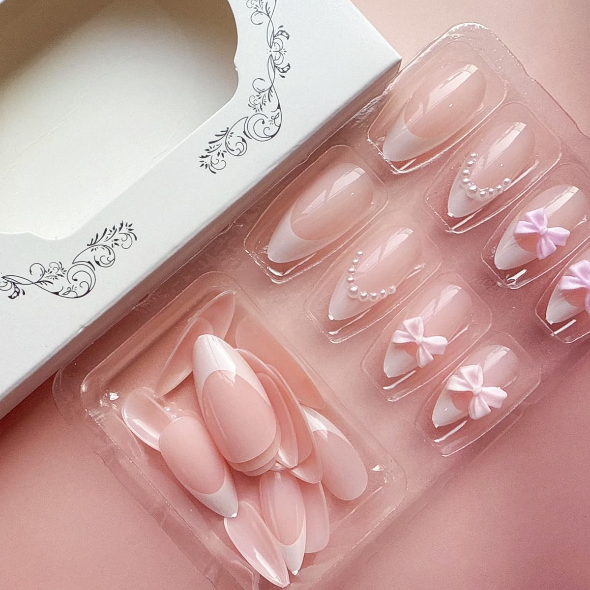 Short Almond Press on Nail with Pink Bow Charm White French Tip Press on Nail…